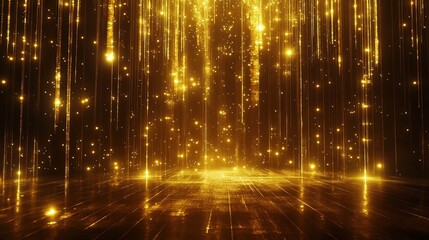 Shimmering Golden Lights Falling in a Mystical Dark Space