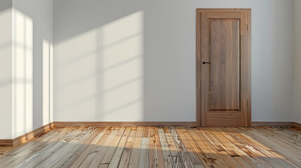 Empty Room with Wooden Door: A spacious empty room bathed in warm natural light, featuring a  wooden door,  parquet flooring, and  sunbeams dancing on the walls.