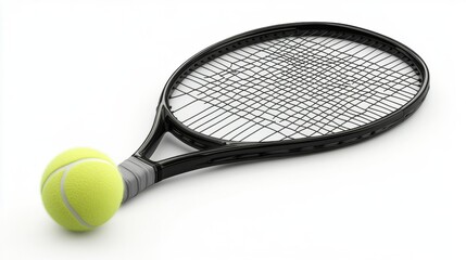 Close-up View of a Tennis Racket and Bright Yellow Tennis Ball Isolated on White Background for Sports, Fitness, or Recreational Themes