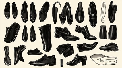 A Collection of Various Footwear Designs Featuring Classic Styles of Black Shoes, Including Loafers, Oxfords, Heels, Boots, and More Illustrated in a Minimalist Flat Style
