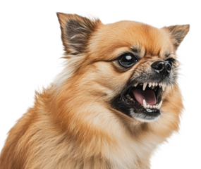 Small dog shows teeth, expressing strong emotion, cut out - stock png.