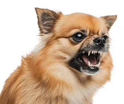 Small dog shows teeth, expressing strong emotion, cut out - stock png.