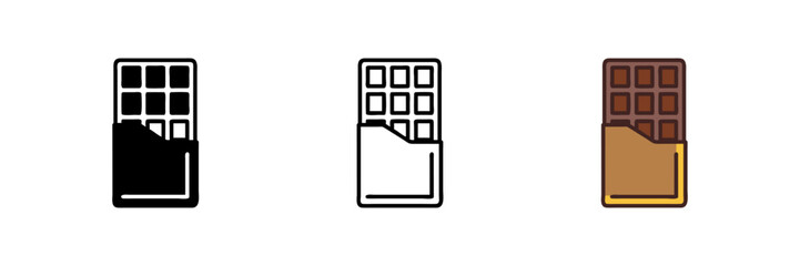 Set of chocolate bar icons in multiple styles. Great for candy, sweets, and dessert-themed visuals.