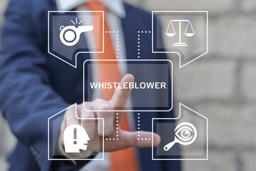 Man using virtual touch screen presses word: WHISTLEBLOWER. Business whistleblower the misconduct...