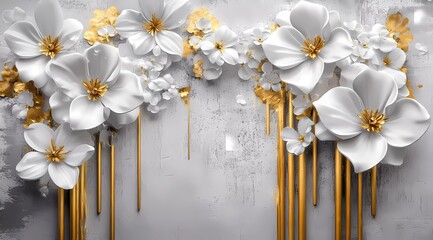 3D wallpaper with white flowers and a golden dripping painting on a grey background, in the style of 20s retro style, vintage design illustration
