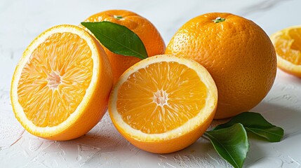Juicy Orange Halves and Whole Oranges with Fresh Green Leaves