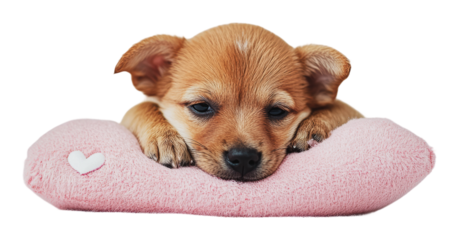Cute puppy resting on soft pink pillow, cut out - stock png.