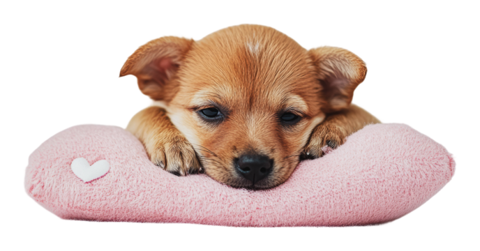 Cute puppy resting on soft pink pillow, cut out - stock png.