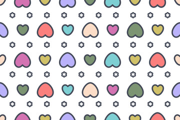 Heart seamless pattern. Repeat background with cute color hearts and flowers. Cartoon pattern for decoration, wallpaper, textiles, printing, romantic design. Valentine concept. Vector illustration