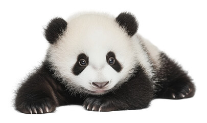 Naklejka premium Cute panda cub relaxing on a white background, cut out - stock png.