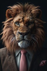 Fototapeta premium Majestic Lion with Regal Mane Wearing an Elegant Suit with Pink Tie in a Surreal and Artistic Anthropomorphic PortraitLion