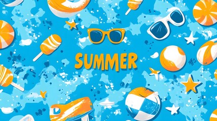 Colorful and Vibrant Summer Pattern with Sunglasses, Ice Cream, Beach Balls, and Fun Elements for Seasonal Celebrations and Events