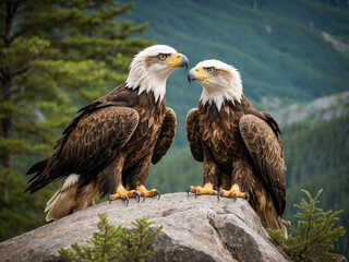 Obraz premium Golden Eagles Kings of the Sky, Golden Eagles Perched on a Cliff, Nature's Aerial Predators in Their Mountain Domain