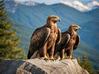 Fototapeta premium Golden Eagles Kings of the Sky, Golden Eagles Perched on a Cliff, Nature's Aerial Predators in Their Mountain Domain