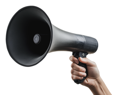 Hand holding a loudspeaker during a rally event, cut out - stock png.