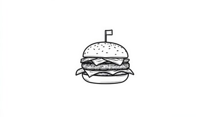 Obraz premium Hand-Drawn Illustration of a Classic Hamburger with Toppings and Flag