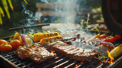 Summertime Sizzle: Juicy steaks and colorful vegetables sizzle on a hot grill, creating a tantalizing aroma and a scene of summertime grilling pleasure. 