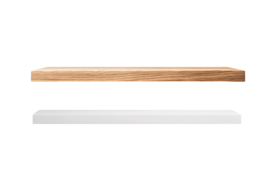 Natural wood and white floating shelves for modern decor transparent background.