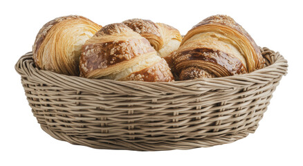 Freshly baked croissants in a rustic basket, cut out - stock png.