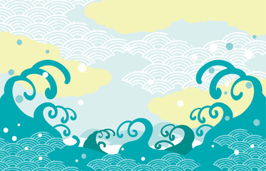 海　波のある和風背景イラスト