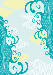 海　波のある和風背景イラスト