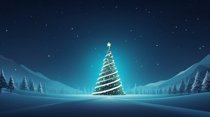 A beautifully decorated Christmas tree stands in the snow, illuminated by twinkling stars in a serene winter night.