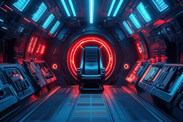 Obraz premium A sleek isolation chamber with a black chair, surrounded by glowing blue and red lights, exudes futuristic design