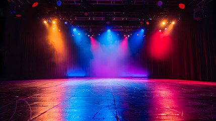 Stage Lights: A dramatic and evocative image of a darkened theater stage bathed in a vibrant spectrum of colored spotlights, ready for the performance to begin. The anticipation is palpable. 