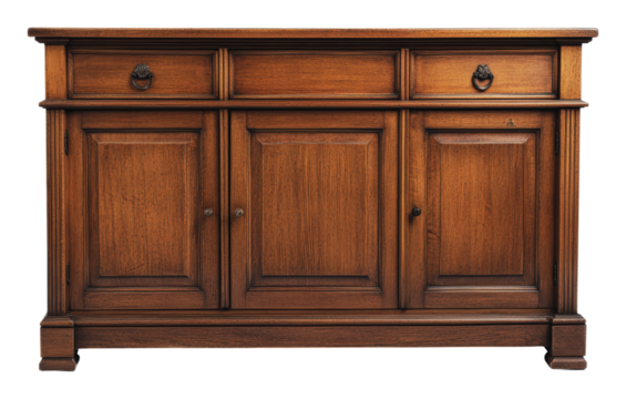 Elegant wooden sideboard with classic design, cut out - stock png.