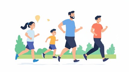 Fototapeta premium Family Enjoying Outdoor Run in Nature Park During Bright Daytime