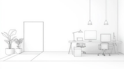 Fototapeta premium Minimalist office interior design with plants and computer setup