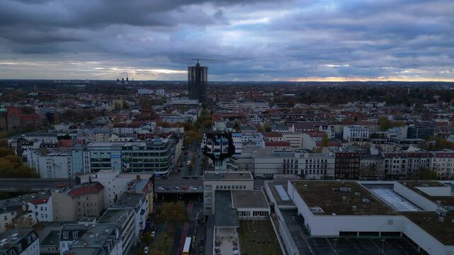Berlin cloudy skyline over Shopping Street. Nice aerial view flight drone