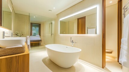 Modern bathroom with a freestanding tub and elegant design.