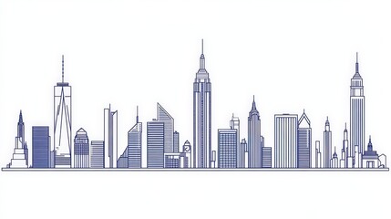 Skyline illustration of modern city architecture in blue outline