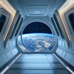 Fototapeta premium Futuristic Space Station Window with View of Earth from Inside