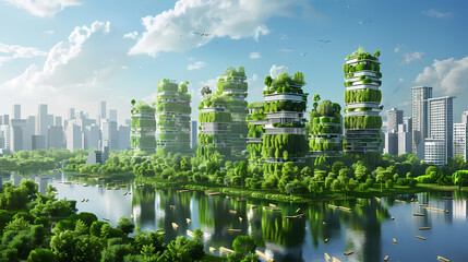 Obraz premium Eco-Cityscape: A futuristic vision of sustainable urban living, where skyscrapers are integrated with lush greenery, creating a harmonious blend of nature and modern architecture.