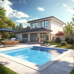 Fototapeta premium Modern suburban house with pool and sunny garden in daylight