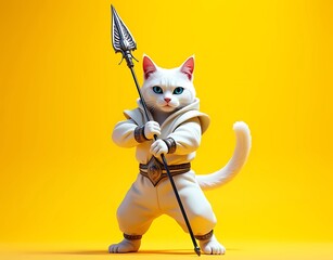Illustration of a cat wearing a white jumpsuit performs martial arts action with a spear isolated on yellow background. Generate AI
