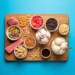 Fototapeta premium ice cream sundae bar, ice cream bar, sundae station, ice cream toppings, diy ice cream sundaes, create-your-own sundae, ice cream paradise, frozen treat bar, close up, food photography, holiday food, 