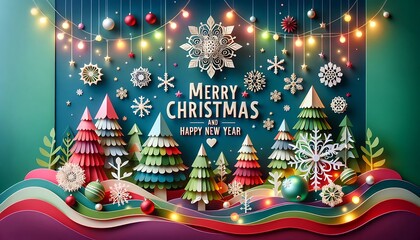 Festive Paper Christmas Scene With Trees And Lights