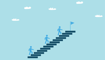  staircase to success, blue steps, tiny figure at the top, victory flag, achievement concept, beige background