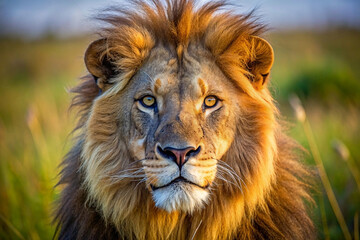 Fototapeta premium Majestic male lion portrait, golden mane, intense gaze, African savanna.