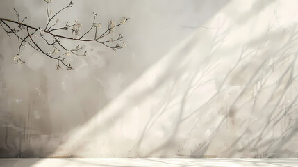 Sunbeams and Shadow: A minimalist composition featuring a single bare branch with delicate buds casting ethereal shadows on a muted beige wall. The sunlight streams through the window.