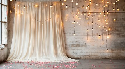 Romantic interior setting with sheer curtain, string lights, and scattered petals against a textured wall.