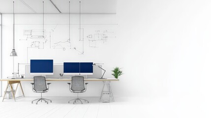 Modern Office Workspace with Dual Monitors and Minimalist Design