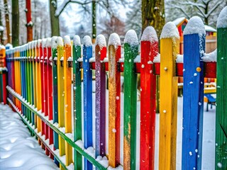 Obraz premium Winter Wonderland Playground Closed: Snowy Multicolored Wooden Fence Photography