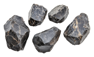 Natural black obsidian stones in various shapes, cut out - stock png.