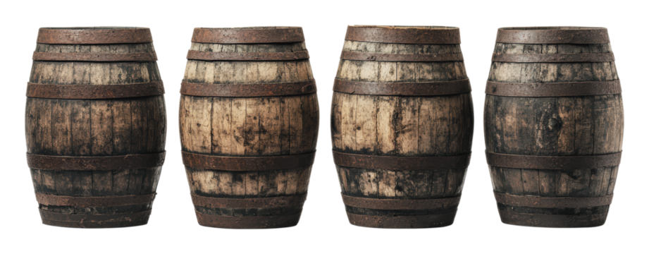 Rustic wooden barrels lined up for display, cut out - stock png.