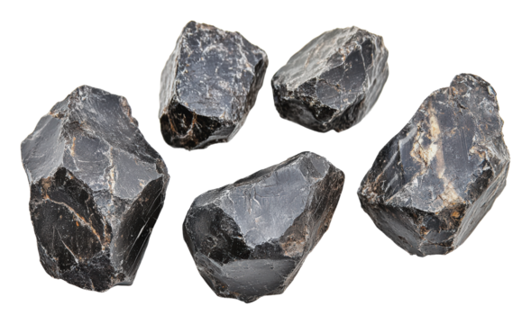 Natural black obsidian stones in various shapes, cut out - stock png.