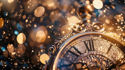 Elegant Antique Clock, New Years Eve, Festive Lights, Sparkling Dust, Time, Celebration, Golden Hour